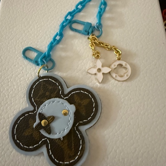New upcycled Louis Vuitton Floral Keychain with Blue and Gold Accents